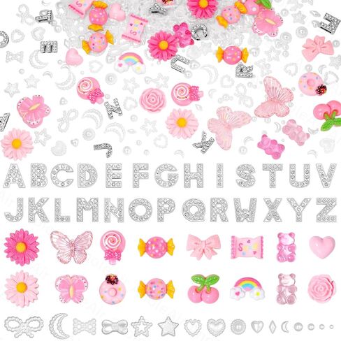 162 Pcs Junk Case Charms, A-Z Alphabet Letters for Phone Junk Charms, Pink Color Donuts Candy Bear Cartoon Large Big Slime Bulk, Moon Star Heart Pearls Beads Gems for Nail Art DIY Crafts Accessories in Saudi Arabia