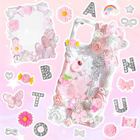 162 Pcs Junk Case Charms, A-Z Alphabet Letters for Phone Junk Charms, Pink Color Donuts Candy Bear Cartoon Large Big Slime Bulk, Moon Star Heart Pearls Beads Gems for Nail Art DIY Crafts Accessories in Saudi Arabia