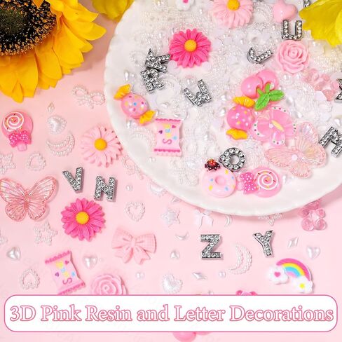 162 Pcs Junk Case Charms, A-Z Alphabet Letters for Phone Junk Charms, Pink Color Donuts Candy Bear Cartoon Large Big Slime Bulk, Moon Star Heart Pearls Beads Gems for Nail Art DIY Crafts Accessories in Saudi Arabia