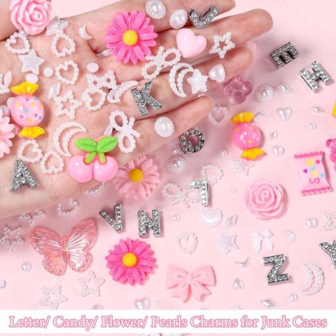 162 Pcs Junk Case Charms, A-Z Alphabet Letters for Phone Junk Charms, Pink Color Donuts Candy Bear Cartoon Large Big Slime Bulk, Moon Star Heart Pearls Beads Gems for Nail Art DIY Crafts Accessories in Saudi Arabia