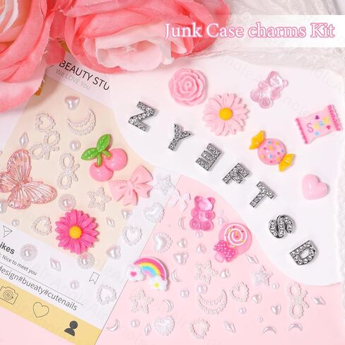 162 Pcs Junk Case Charms, A-Z Alphabet Letters for Phone Junk Charms, Pink Color Donuts Candy Bear Cartoon Large Big Slime Bulk, Moon Star Heart Pearls Beads Gems for Nail Art DIY Crafts Accessories in Saudi Arabia