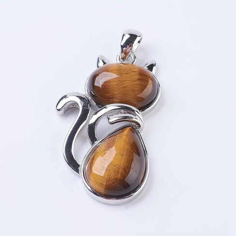 1Pcs Natural Tiger Eye Kitten Pendants, Cat Silhouette Shape Gemstone Pendant with Brass Findings Platinum Pendant Ornament for Necklace Bracelet Jewelry Making DIY Craft Making in Kuwait