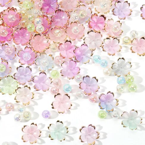 300PCS Assorted Acrylic Beads for Jewelry Making - 100PCS Cherry Blossom & 200PCS 8mm Crack Beads,DIY Bracelet Necklace Earring Accessories for Crafts Lover,Cute Colorful Flower Bead Gifts in Saudi Arabia