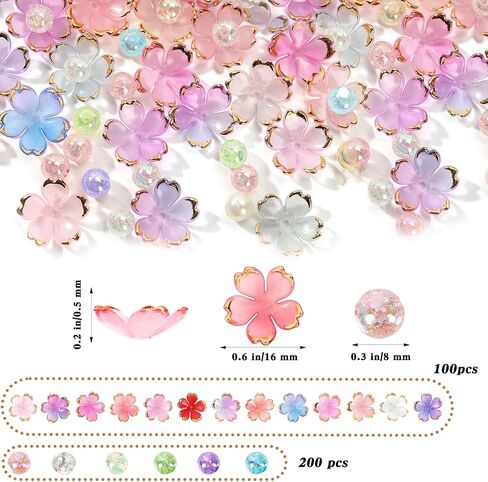 300PCS Assorted Acrylic Beads for Jewelry Making - 100PCS Cherry Blossom & 200PCS 8mm Crack Beads,DIY Bracelet Necklace Earring Accessories for Crafts Lover,Cute Colorful Flower Bead Gifts in Saudi Arabia