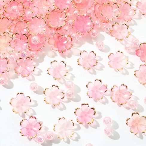 300PCS Assorted Acrylic Beads for Jewelry Making - 100PCS Cherry Blossom & 200PCS 8mm Crack Beads,DIY Bracelet Necklace Earring Accessories for Crafts Lover,Cute Colorful Flower Bead Gifts in Saudi Arabia