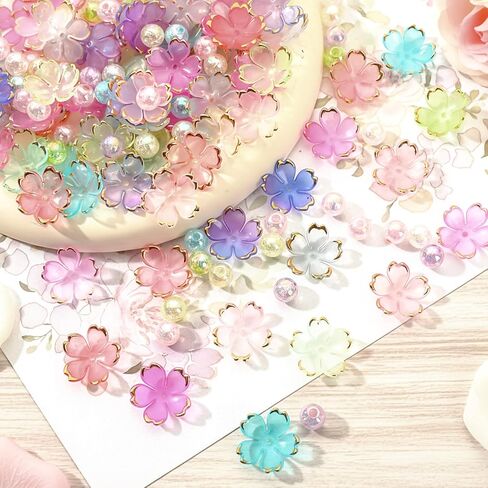 300PCS Assorted Acrylic Beads for Jewelry Making - 100PCS Cherry Blossom & 200PCS 8mm Crack Beads,DIY Bracelet Necklace Earring Accessories for Crafts Lover,Cute Colorful Flower Bead Gifts in Saudi Arabia