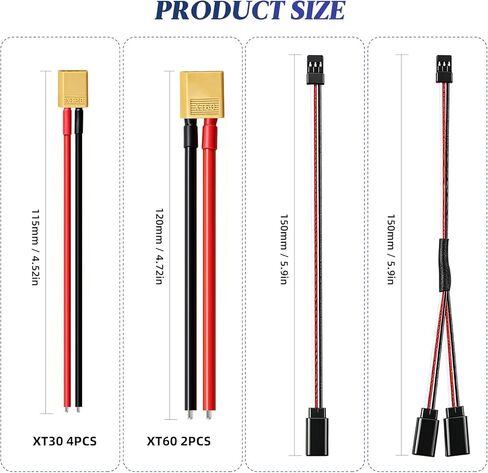 8-Piece RC Connector Kit, 2 Pairs XT30 Connector Male Female Silicone Wire, 1 Pair XT60 Connector, 3 Pieces Y Splitter Cable, 2 Servo Extension Cable 3 Pin Female to Male, RC Lipo Drone FPV Car,Boat in Saudi Arabia