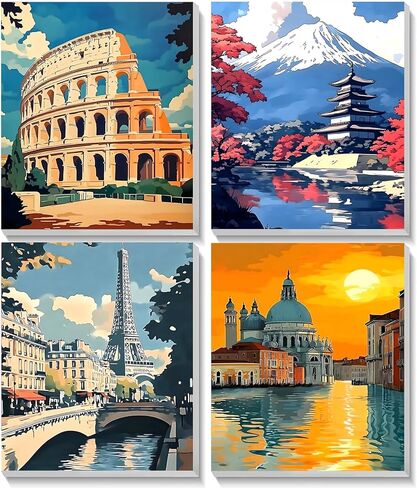 TOSTOG Majestic National Parks 4 Pack Framed Canvas Paint by Numbers Art Kit for Adults and Kids, Beginner Acrylic Oil Painting Supplies with Wooden Frame for Home Wall Decor 20 * 25 cm/8 * 10 in in Saudi Arabia