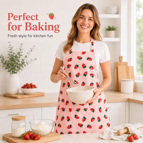مريلة لطيفة مع جيبين مقاومة للماء بطباعة الفراولة والبستنة والطبخ ومريلة المطبخ للنساء (فراولة) in Kuwait