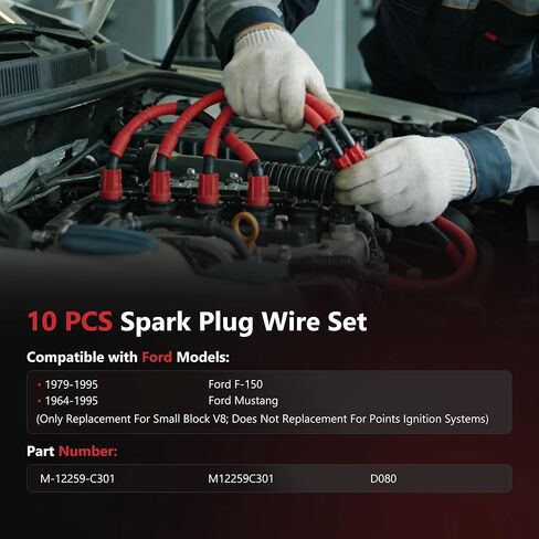 HYR 10.5mm Racing Spark Plug Wire Set 10PCS for Ford F150 1979-1995, Mustang 1964-1995, 5.0L 5.8L SBF Small Block Ford V8 302 351w, High Performance Red Ignition Cable Wire in Kuwait