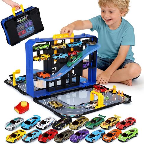 Drefirsa 32 in 1 Race Car Track Set, Portable Toy Car Playset with 16pcs Diecast Alloy Vehicle 1:64 Scale, 2 Launcher, Racing Track and Storage Case, Kid Toy for 3 4 5 6 Year Old Boy Birthday Gift in Saudi Arabia