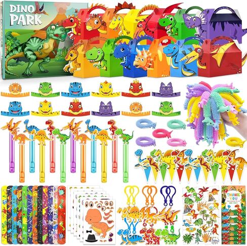 12 Pack Dinosaur Birthday Party Favors Decorations Supplies for Kids, Dino Theme Goodie Bags Fillers with Silicone Fidget Stretch Toys, 3D Dino Boxes, Bubble Wands, Hats, Slap Bracelets, Stickers in Kuwait
