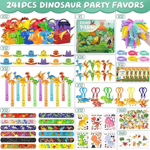 12 Pack Dinosaur Birthday Party Favors Decorations Supplies for Kids, Dino Theme Goodie Bags Fillers with Silicone Fidget Stretch Toys, 3D Dino Boxes, Bubble Wands, Hats, Slap Bracelets, Stickers in Kuwait