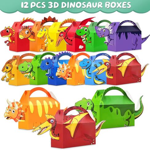 12 Pack Dinosaur Birthday Party Favors Decorations Supplies for Kids, Dino Theme Goodie Bags Fillers with Silicone Fidget Stretch Toys, 3D Dino Boxes, Bubble Wands, Hats, Slap Bracelets, Stickers in Kuwait