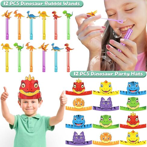 12 Pack Dinosaur Birthday Party Favors Decorations Supplies for Kids, Dino Theme Goodie Bags Fillers with Silicone Fidget Stretch Toys, 3D Dino Boxes, Bubble Wands, Hats, Slap Bracelets, Stickers in Kuwait