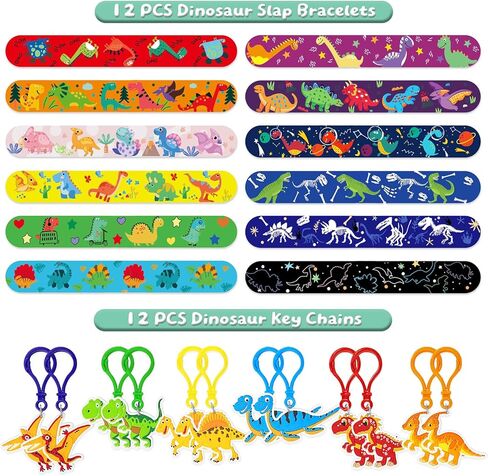 12 Pack Dinosaur Birthday Party Favors Decorations Supplies for Kids, Dino Theme Goodie Bags Fillers with Silicone Fidget Stretch Toys, 3D Dino Boxes, Bubble Wands, Hats, Slap Bracelets, Stickers in Kuwait