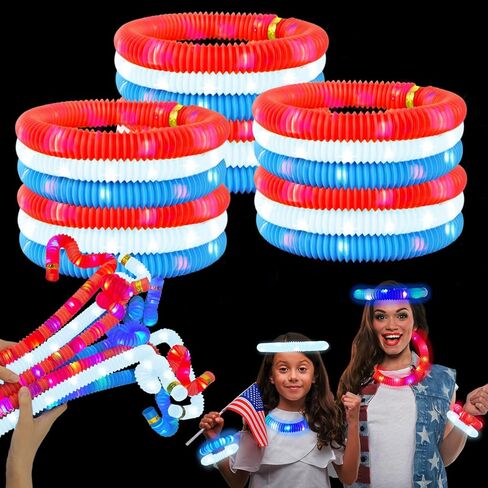 Fourth of July Glow Sticks Accessories for Kids 9 PCS, Red White Blue Light Up Pop Tubes Bracelets Necklaces Toys,4th of July Parade Throws Favors,250th Patriotic Party Supplies for Memorial Day Decor in Kuwait
