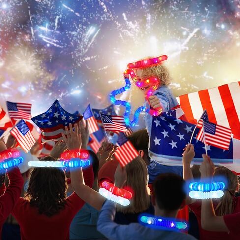 Fourth of July Glow Sticks Accessories for Kids 9 PCS, Red White Blue Light Up Pop Tubes Bracelets Necklaces Toys,4th of July Parade Throws Favors,250th Patriotic Party Supplies for Memorial Day Decor in Kuwait