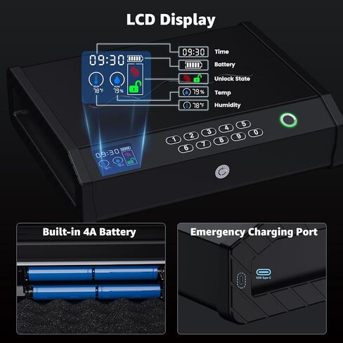 Gun Safes, Biometric Pistol Safe with LCD Display of Temperature Humidity USB Port, Gun Safes 3 Ways Quick Access Fingerprint Handgun Safe for Nightstand Car in Saudi Arabia
