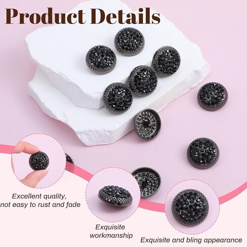 10PCS Rhinestone Buttons, 25mm Round Metal Rhinestone Buttons for Clothing DIY Sewing Accessories Wedding Decaration Jewelry Making Bridal Bouquet (Black) in Kuwait