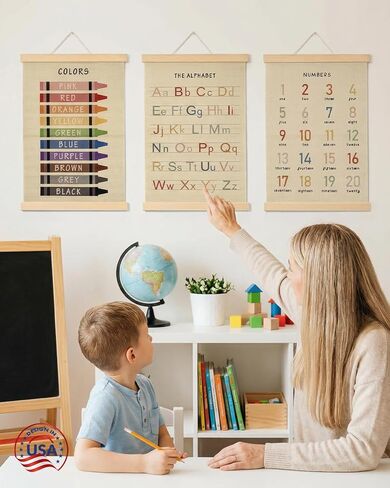 Forzacx Toddler Learning Posters 3-Pack 12x16 Inch, Wall Decor for Playroom & Nursery, Interactive Learning Posters with ABC, Numbers & Colors, Fun Classroom Decorations in Saudi Arabia