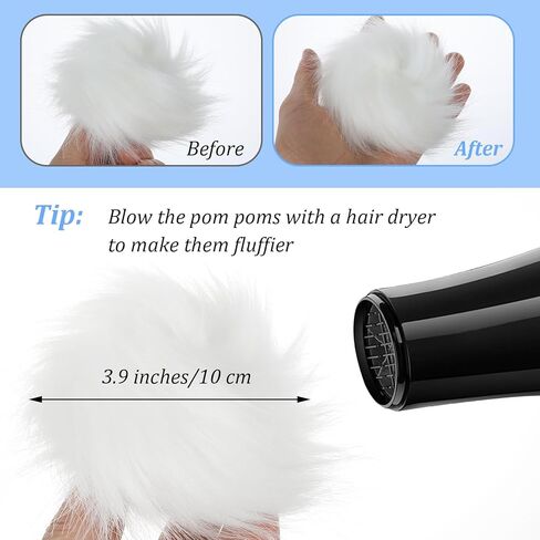 6 Pack Detachable Faux Fur Pom Poms with Snap Buttons, 3.9 Inch White Pompoms for Hats Beanies Scarves Gloves Bags, DIY Knitting Accessories (White) in Kuwait