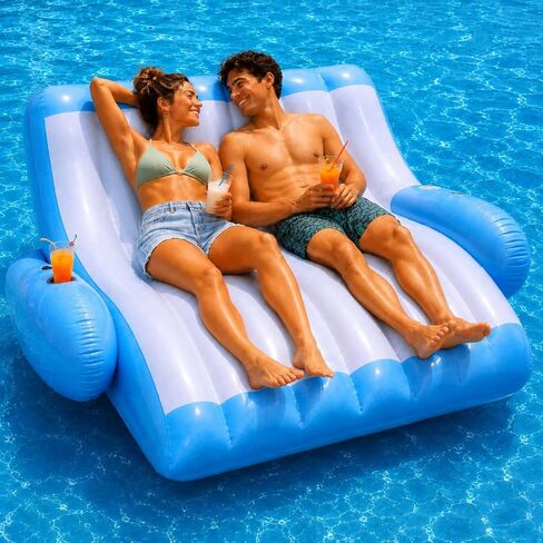 4E's Novelty Two Person Inflatable Pool Recliner Adult Pool Lounger Float with Cup Holder - Heavy Duty Lounger for Adults Floating Recliner Blow Up Floaties Water Floaty Lake Beach Tanning Float in Kuwait