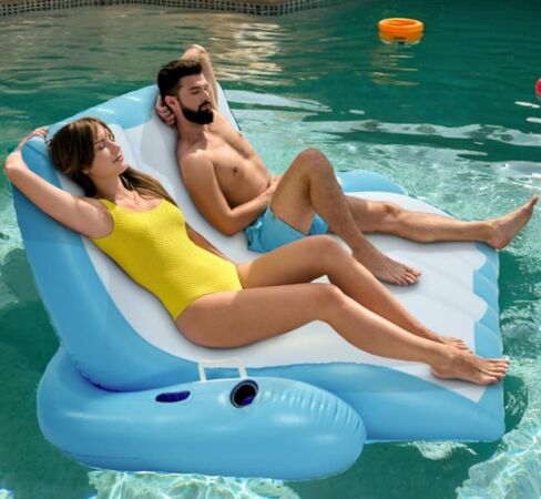 4E's Novelty Two Person Inflatable Pool Recliner Adult Pool Lounger Float with Cup Holder - Heavy Duty Lounger for Adults Floating Recliner Blow Up Floaties Water Floaty Lake Beach Tanning Float in Kuwait