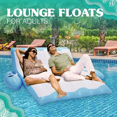 4E's Novelty Two Person Inflatable Pool Recliner Adult Pool Lounger Float with Cup Holder - Heavy Duty Lounger for Adults Floating Recliner Blow Up Floaties Water Floaty Lake Beach Tanning Float in Kuwait