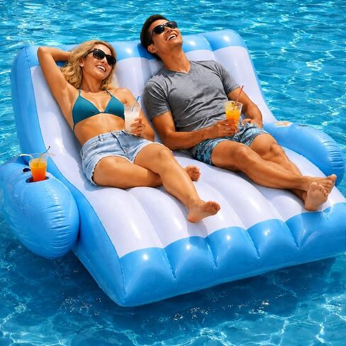 4E's Novelty Two Person Inflatable Pool Recliner Adult Pool Lounger Float with Cup Holder - Heavy Duty Lounger for Adults Floating Recliner Blow Up Floaties Water Floaty Lake Beach Tanning Float in Kuwait