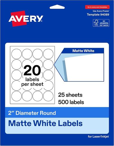 Avery Matte White Round Labels, 2" Diameter, Laser/Inkjet Printer Compatible, 500 Printable Labels Total, Great for Branding, Packaging, Organizing, and More in Kuwait