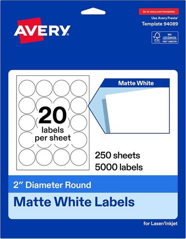 Avery Matte White Round Labels, 2" Diameter, Laser/Inkjet Printer Compatible, 500 Printable Labels Total, Great for Branding, Packaging, Organizing, and More in Kuwait