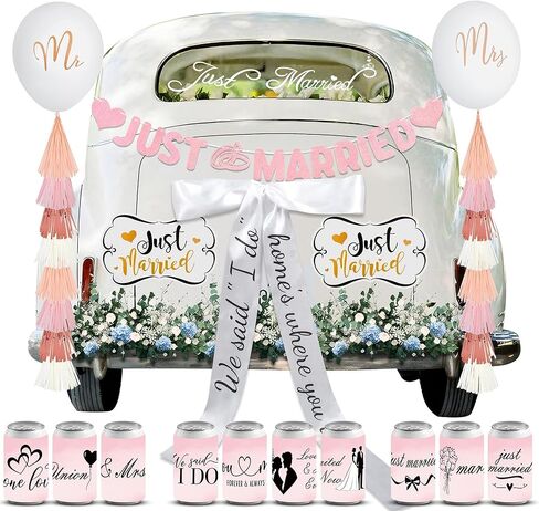 20 Pcs Pink Just Married Car Decorations Include 10 Can Stickers Satin Ribbon and Others Decorative Accessories for Wedding Party Decorations, Photo Props and Car Decoration in Saudi Arabia