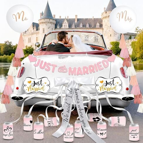 20 Pcs Pink Just Married Car Decorations Include 10 Can Stickers Satin Ribbon and Others Decorative Accessories for Wedding Party Decorations, Photo Props and Car Decoration in Saudi Arabia