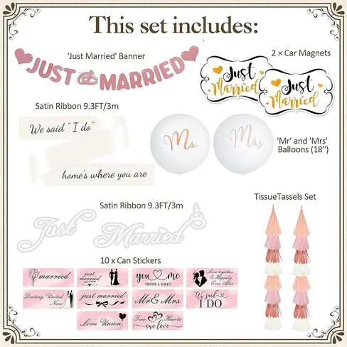 20 Pcs Pink Just Married Car Decorations Include 10 Can Stickers Satin Ribbon and Others Decorative Accessories for Wedding Party Decorations, Photo Props and Car Decoration in Saudi Arabia