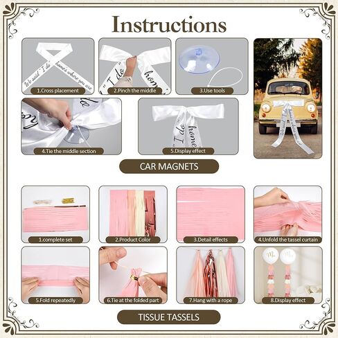 20 Pcs Pink Just Married Car Decorations Include 10 Can Stickers Satin Ribbon and Others Decorative Accessories for Wedding Party Decorations, Photo Props and Car Decoration in Saudi Arabia