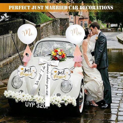 20 Pcs Pink Just Married Car Decorations Include 10 Can Stickers Satin Ribbon and Others Decorative Accessories for Wedding Party Decorations, Photo Props and Car Decoration in Saudi Arabia