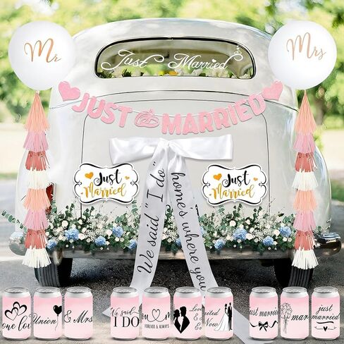 20 Pcs Pink Just Married Car Decorations Include 10 Can Stickers Satin Ribbon and Others Decorative Accessories for Wedding Party Decorations, Photo Props and Car Decoration in Saudi Arabia