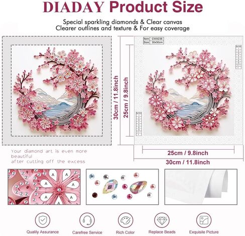 DIADAY زهر الكرز الماس الفن اللوحة مجموعات للبالغين، 5D كريستال حجر الراين شكل خاص مجموعات الفن الماس الأزهار، DIY الحرف ديكور المنزل هدية الفن 12 × 12 بوصة in Kuwait