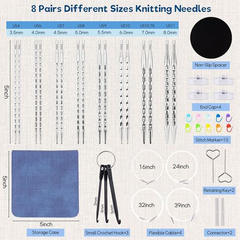 BsHooker Interchangeable Knitting Needles Set with Case,8 Pairs Square Aluminum Circular Knitting Needles with 4 Cable,Ergonomic Needles Kit 3.5mm-8mm in Saudi Arabia