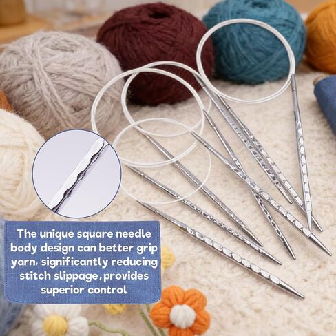 BsHooker Interchangeable Knitting Needles Set with Case,8 Pairs Square Aluminum Circular Knitting Needles with 4 Cable,Ergonomic Needles Kit 3.5mm-8mm in Saudi Arabia