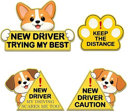 Reflective New Driver Magnet for Car, 4 Pack Student Driver Magnetic Signs, Cute Dog Keep Distance Safety Magnets, Reusable Strong Hold for Cars, SUVs and Trucks, Prevent Fading in Kuwait