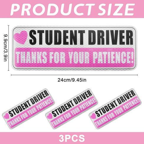 3PCS Magnetic Student Driver Sticker,Student Driver Magnet for Car,Thanks for Your Patience,Reflective Safety Warning Bumper Stickers,Removable Auto Decal for Novice Drivers,Pink Car Accessories in Saudi Arabia