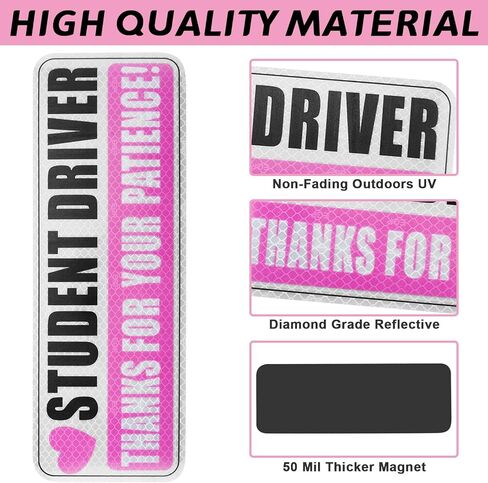 3PCS Magnetic Student Driver Sticker,Student Driver Magnet for Car,Thanks for Your Patience,Reflective Safety Warning Bumper Stickers,Removable Auto Decal for Novice Drivers,Pink Car Accessories in Saudi Arabia