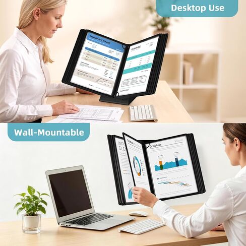 10-Pocket Desk Reference Organizer with Sturdy Metal Base, Flip Desktop Display System for Desk or Wall Mount, 10 Double-Sided Panels to Hold 20 Sheets Letter Size Document for Business Office in Saudi Arabia