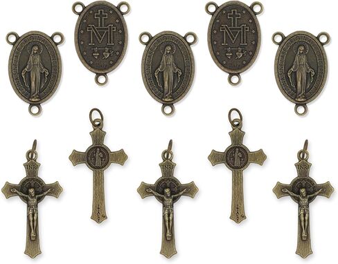 Caritas et Fides Bronze Rosary Making Kit - 5 Rosaries - St Benedict Crucifix & Miraculous Medal Centerpiece - Made in Italy in Kuwait