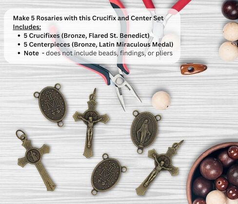Caritas et Fides Bronze Rosary Making Kit - 5 Rosaries - St Benedict Crucifix & Miraculous Medal Centerpiece - Made in Italy in Kuwait