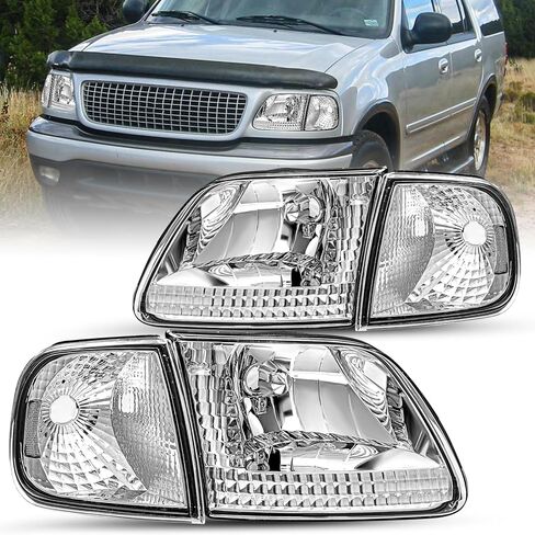 JSBOYAT 4pcs Headlight Assembly Headlamp with Corner Light For 97-03 Ford F-150 04 Ford F150 Heritage 97-02 Ford Expedition 97-99 F250, Chrome Housing with Clear Reflector in Kuwait