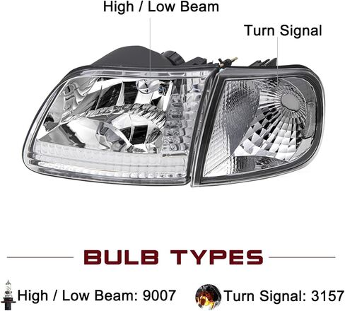 JSBOYAT 4pcs Headlight Assembly Headlamp with Corner Light For 97-03 Ford F-150 04 Ford F150 Heritage 97-02 Ford Expedition 97-99 F250, Chrome Housing with Clear Reflector in Kuwait