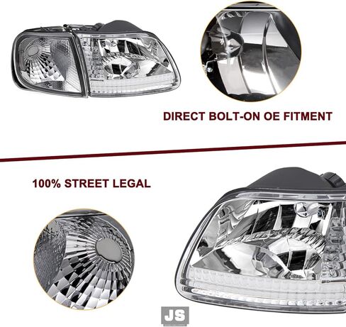 JSBOYAT 4pcs Headlight Assembly Headlamp with Corner Light For 97-03 Ford F-150 04 Ford F150 Heritage 97-02 Ford Expedition 97-99 F250, Chrome Housing with Clear Reflector in Kuwait